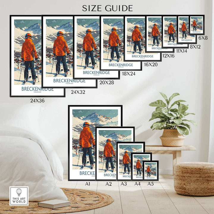 Size guide showcasing Breckenridge Wall Art in various dimensions for a ski poster featuring a skier in the mountains.