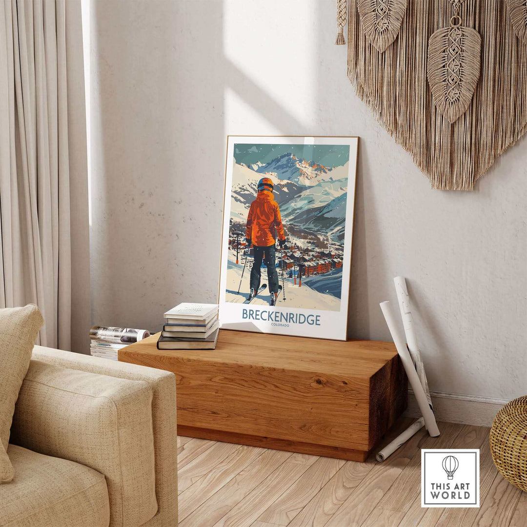 Breckenridge Wall Art showcasing a skier against mountain backdrop, perfect for home or office decor inspired by Colorado.