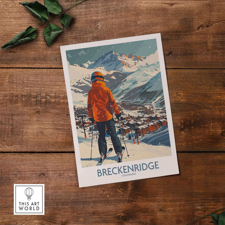 Vintage Breckenridge ski poster showcasing a skier overlooking the snowy Colorado landscape.