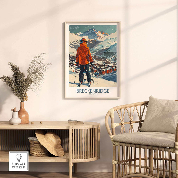 Breckenridge Wall Art showcasing a skier overlooking the snowy mountains, perfect for home or office decor.