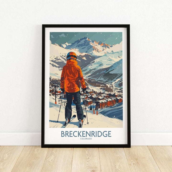 Retro Breckenridge Wall Art featuring a skier overlooking the Colorado mountainscape, perfect for home or office decor.