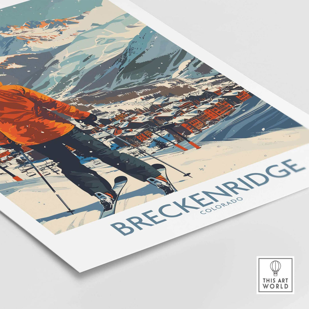 Breckenridge wall art poster featuring a skier with a majestic Colorado mountain backdrop. Perfect for home or office decor.