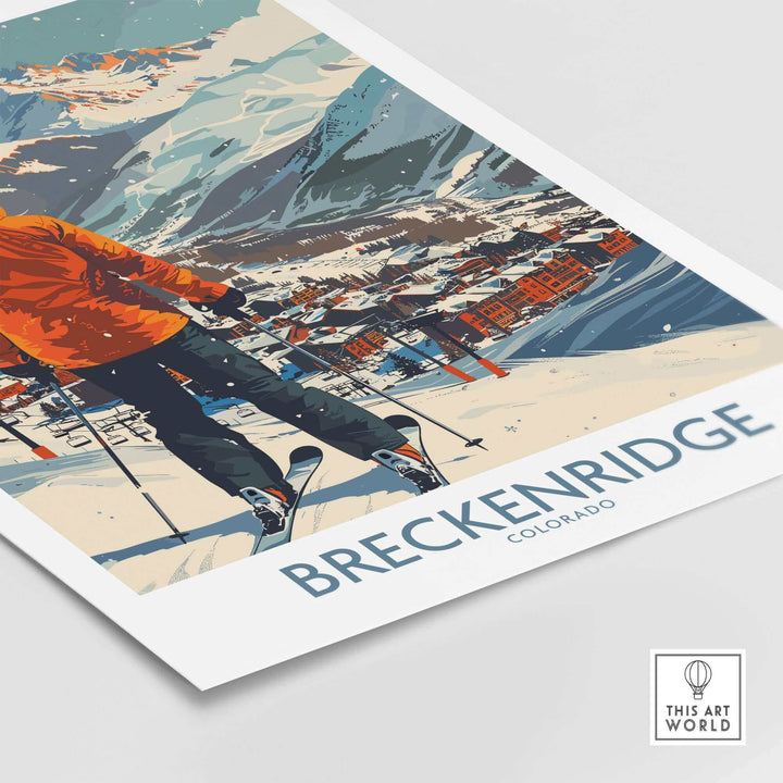 Breckenridge wall art poster featuring a skier with a majestic Colorado mountain backdrop. Perfect for home or office decor.