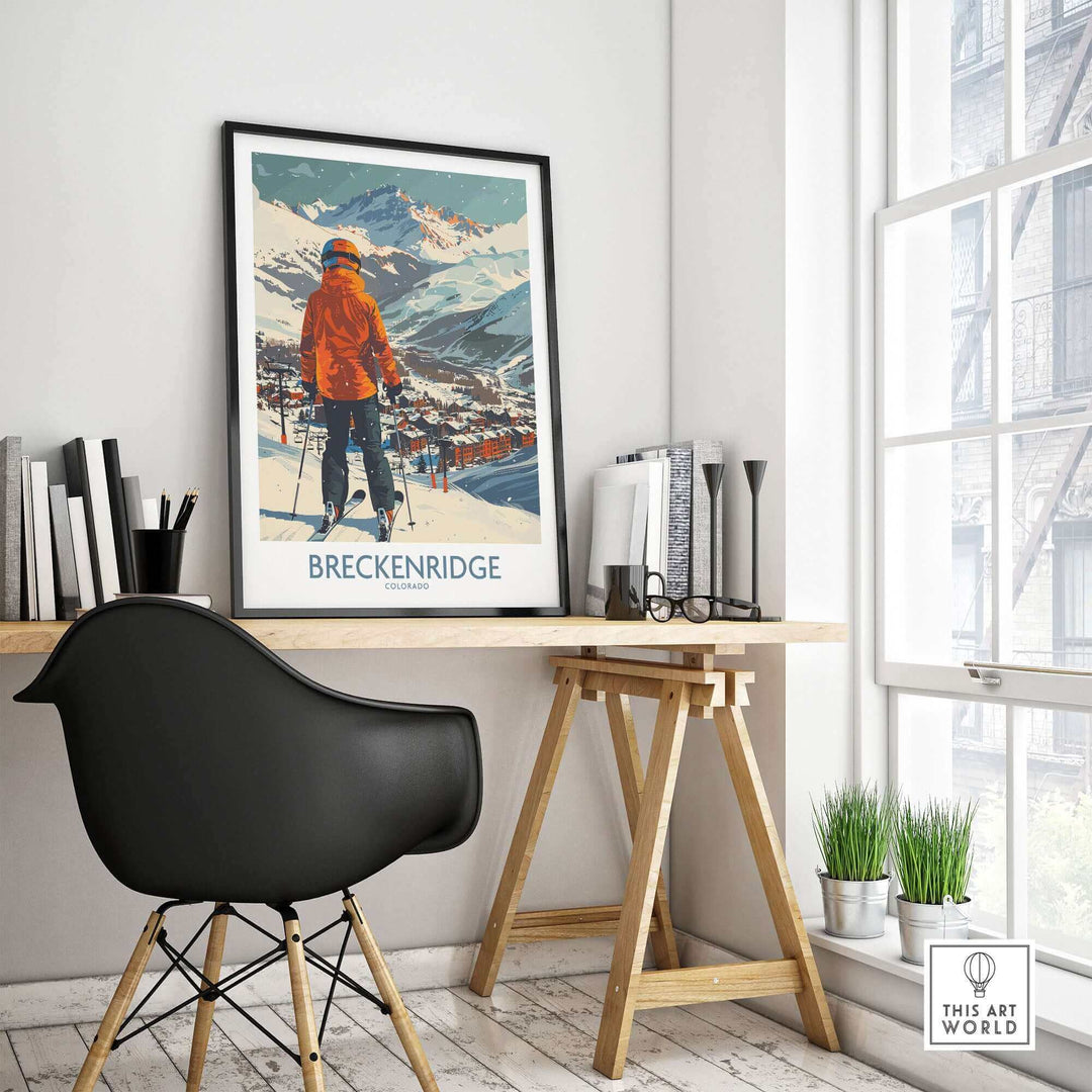 Breckenridge Wall Art ski poster displayed in a stylish office setting, showcasing Colorado's stunning mountain scenery.