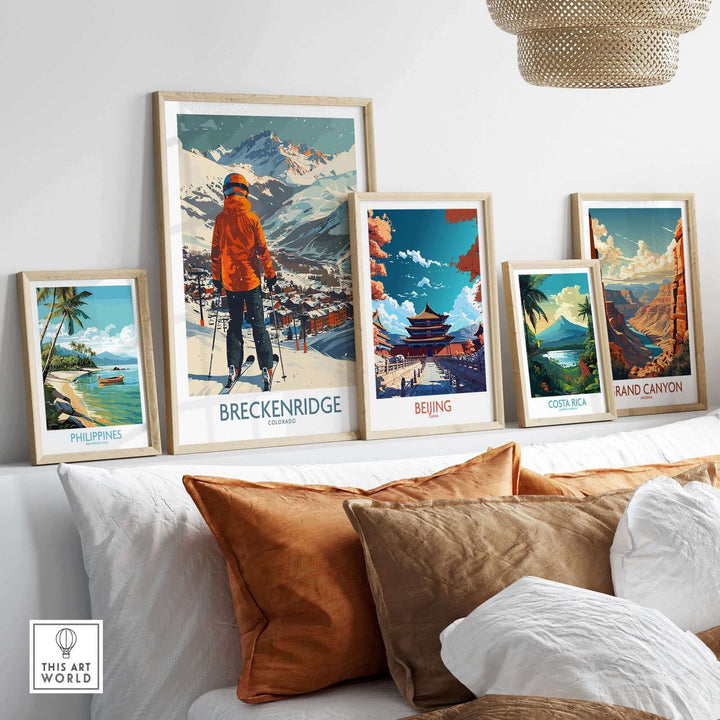 Breckenridge wall art collection featuring stunning ski poster alongside travel posters from Beijing, Costa Rica, and the Philippines.