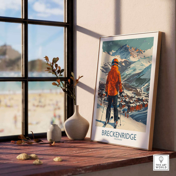 Breckenridge wall art featuring a skier against a scenic mountain backdrop, capturing Colorado's iconic ski destination charm.