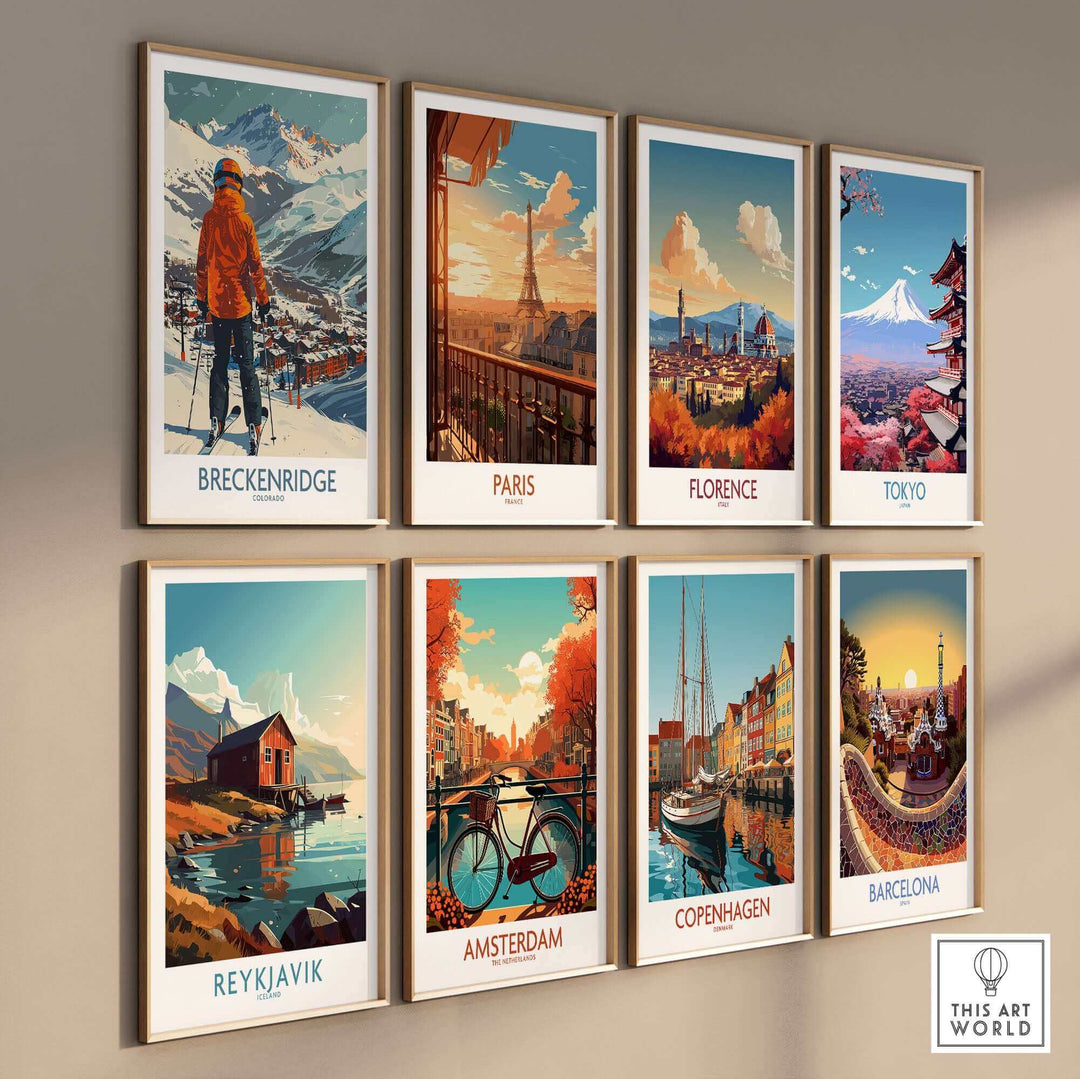 A collection of vibrant city-themed wall art posters featuring Breckenridge, Paris, Florence, Tokyo, Reykjavik, Amsterdam, Copenhagen, and Barcelona.