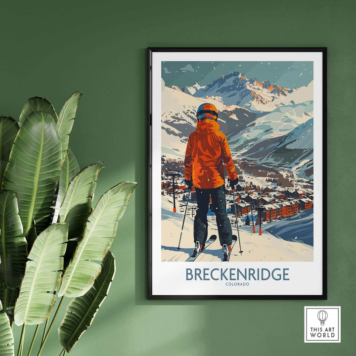 Breckenridge wall art poster featuring a skier overlooking snowy mountains in Colorado, perfect for home or office decor.