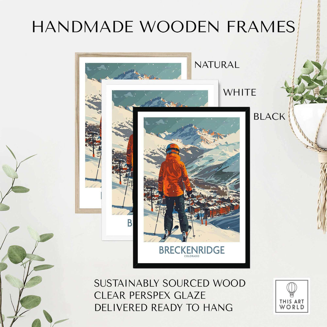 Handmade wooden frames in natural, white, and black for Breckenridge wall art, featuring sustainably sourced wood and clear glaze.