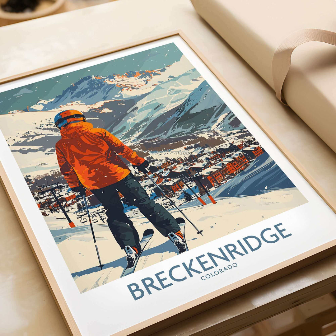 Breckenridge wall art featuring a skier overlooking the snowy Colorado landscape, perfect for home or office decor.