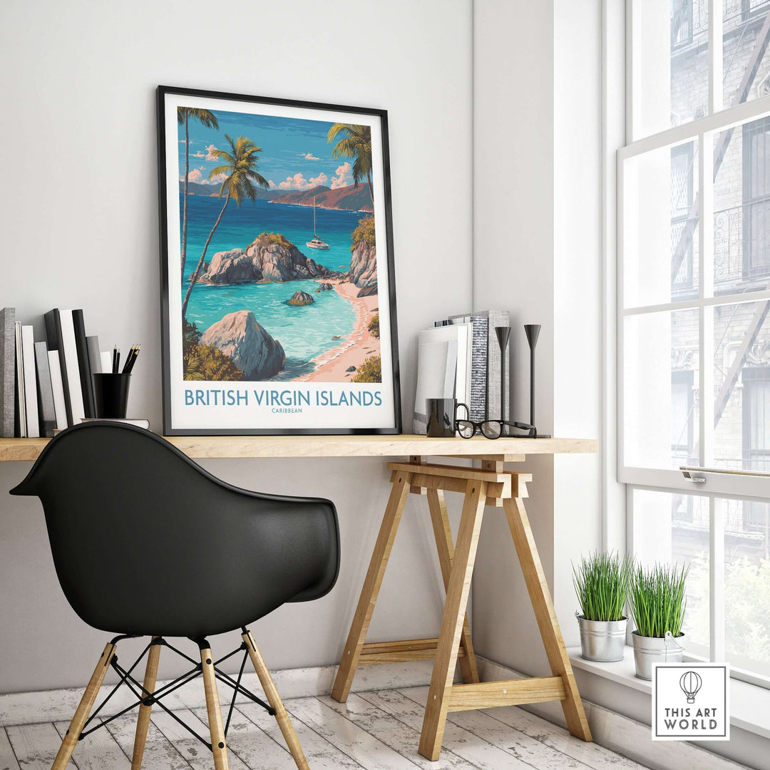 British Virgin Islands Bay poster displayed in a modern workspace, showcasing Caribbean beach art and tropical decor.