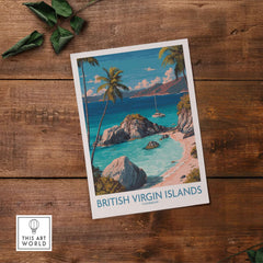 British Virgin Islands Bay Poster - Caribbean Beach Art Print - Tropical Wall Art on rustic wooden background.