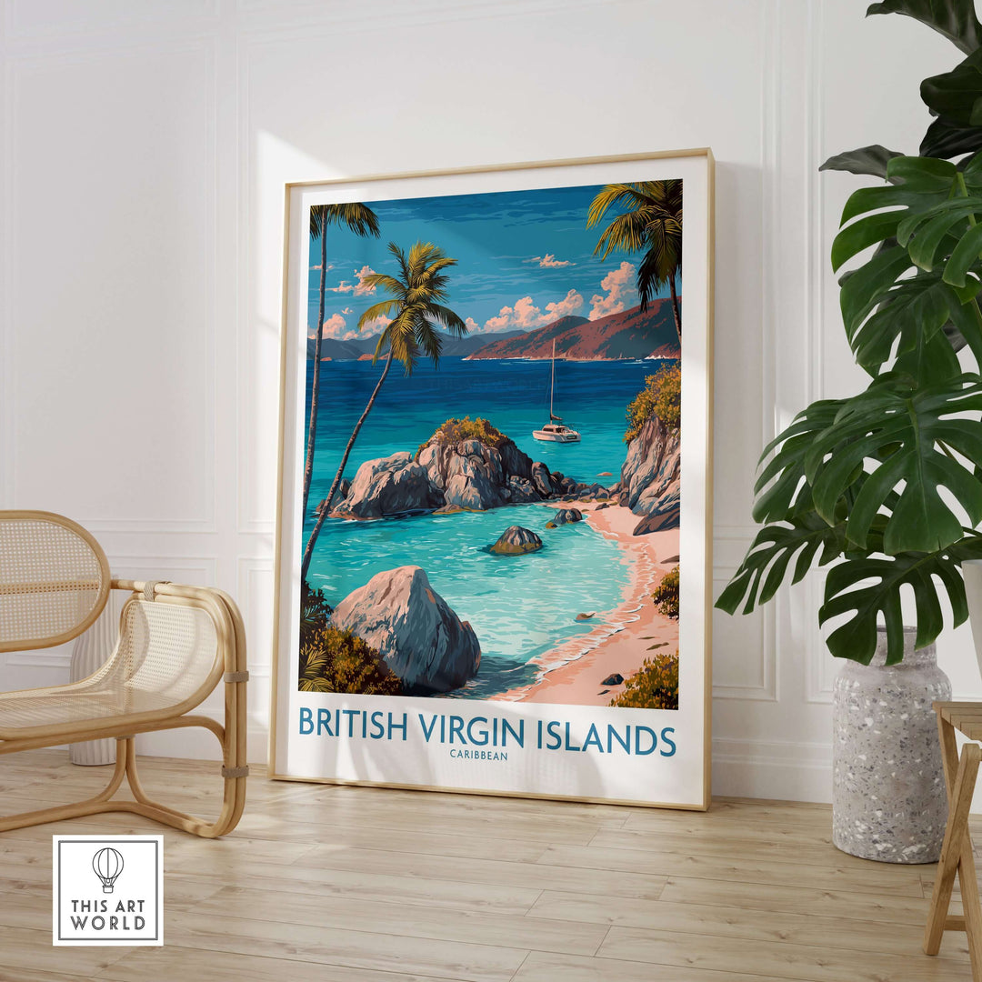 British Virgin Islands Bay poster in a modern decor setting, showcasing a tropical beach scene with palm trees.