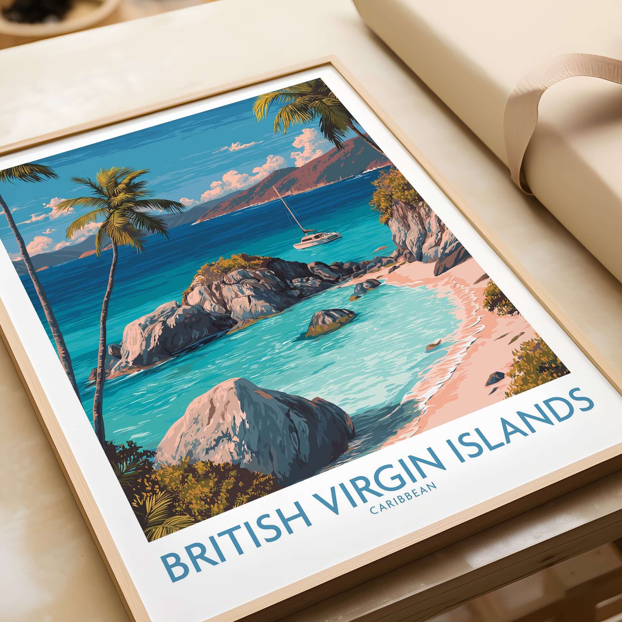 British Virgin Islands Bay Poster - Caribbean Beach Art Print - Tropical Wall Art featuring a serene tropical beach scene.