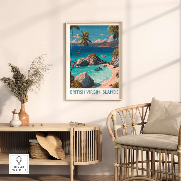 British Virgin Islands Bay poster showcasing a vibrant tropical beach scene in a cozy living room setting.