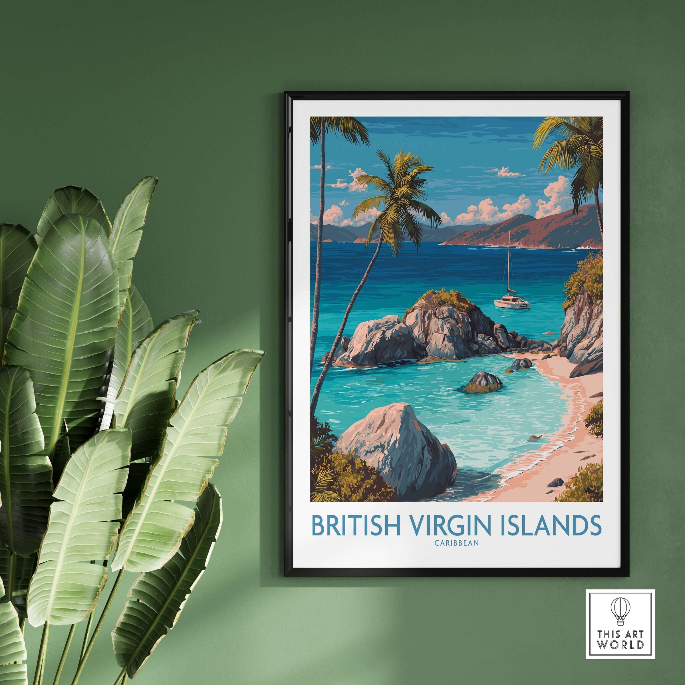 British Virgin Islands Bay Poster - Caribbean Beach Art Print - Tropical Wall Art featuring serene beach with rocks and palm trees.