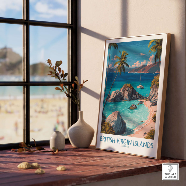 British Virgin Islands Bay Poster showcasing tropical beach art print, enhancing coastal decor in a serene room setting.