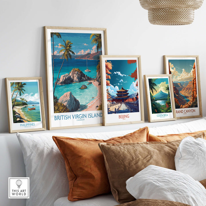British Virgin Islands Bay poster among framed art prints, showcasing tropical beach and serene island vibes.