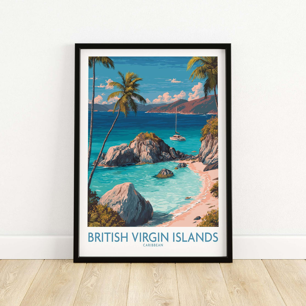 British Virgin Islands Bay Poster featuring a tropical beach, palm trees, and calm waters in vibrant colors.