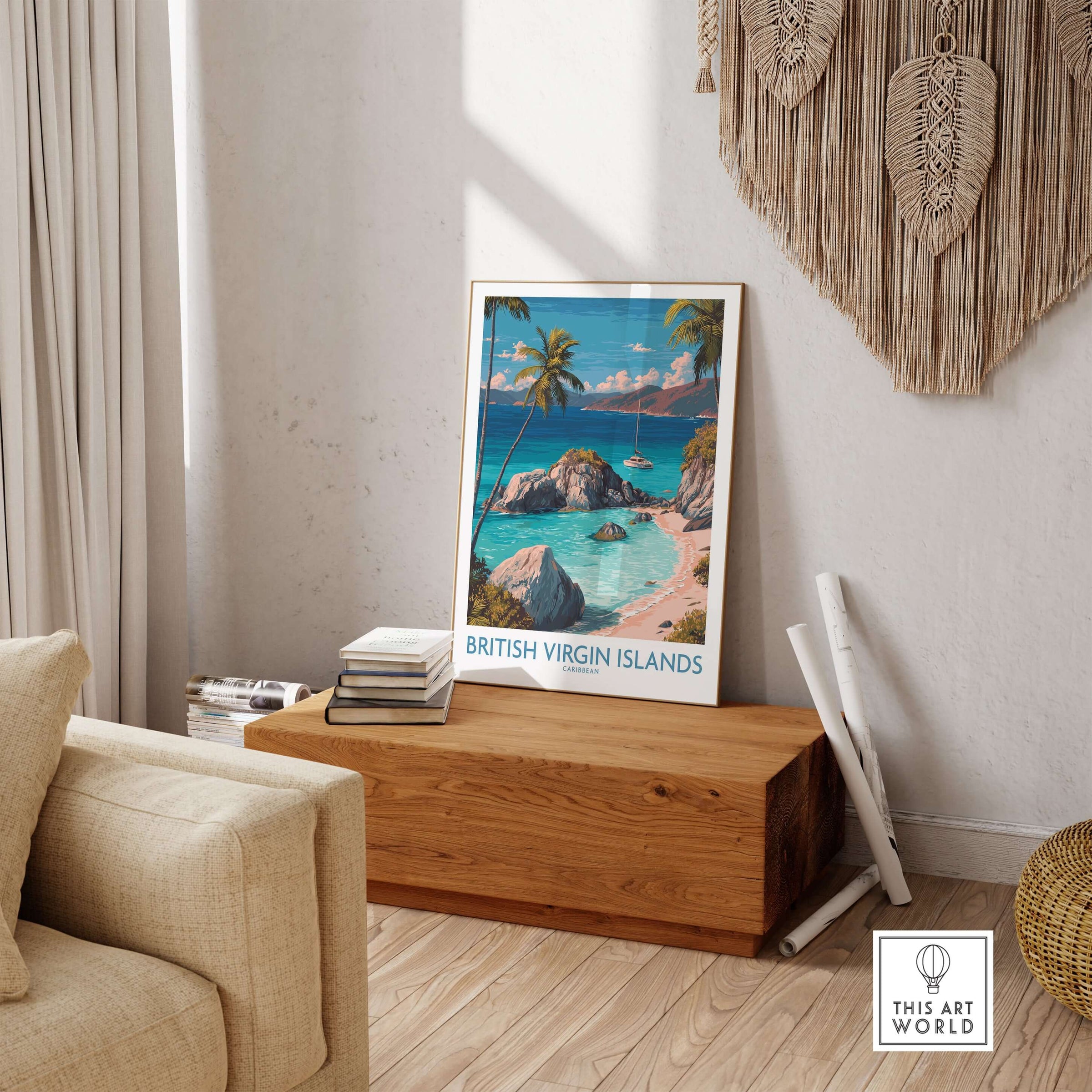 British Virgin Islands Bay Poster - Caribbean Beach Art Print - Tropical Wall Art displayed in a cozy living room setting.
