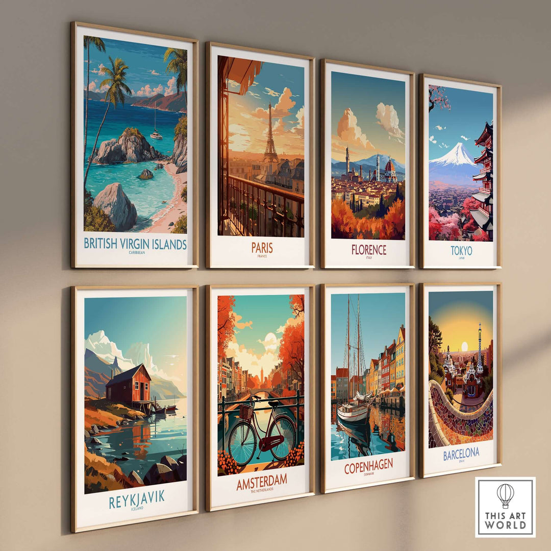 Collection of travel posters featuring British Virgin Islands, Paris, Florence, Tokyo, Reykjavik, Amsterdam, Copenhagen, Barcelona.