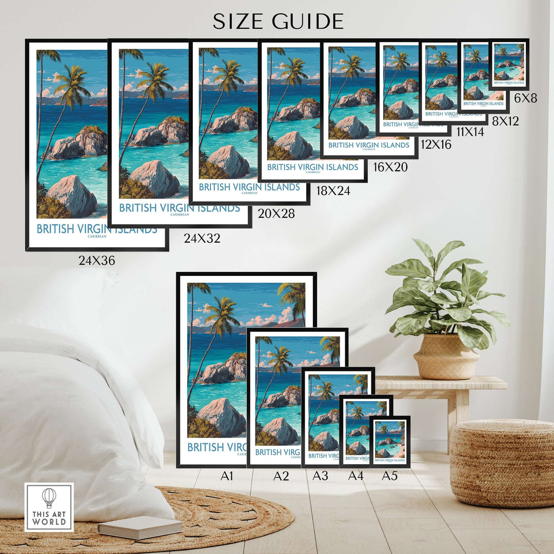 Size guide for British Virgin Islands Bay poster art print, showcasing various frame sizes and coastal decor options.