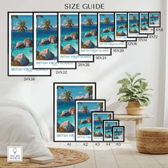British Virgin Islands Bay Poster - Caribbean Beach Art Print - Tropical Wall Art size guide with various frame dimensions.