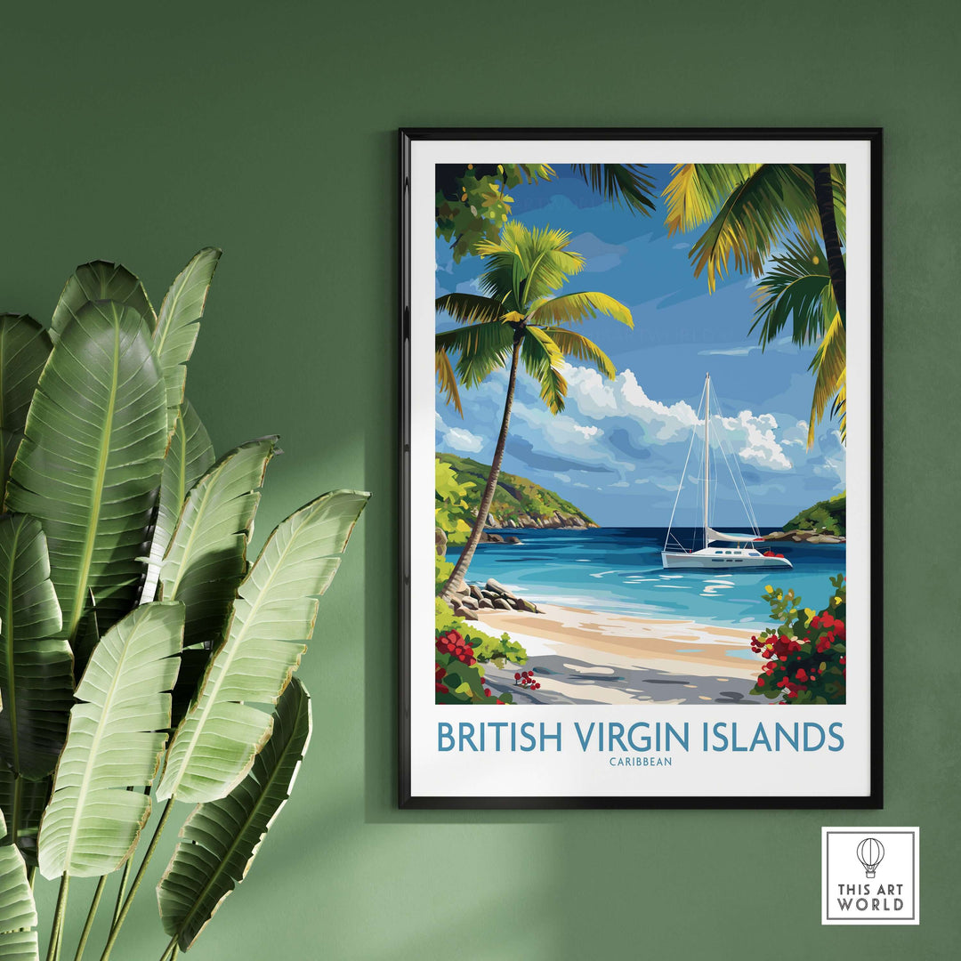 British Virgin Islands beach poster featuring a sailboat and palm trees, perfect for tropical wall decor.