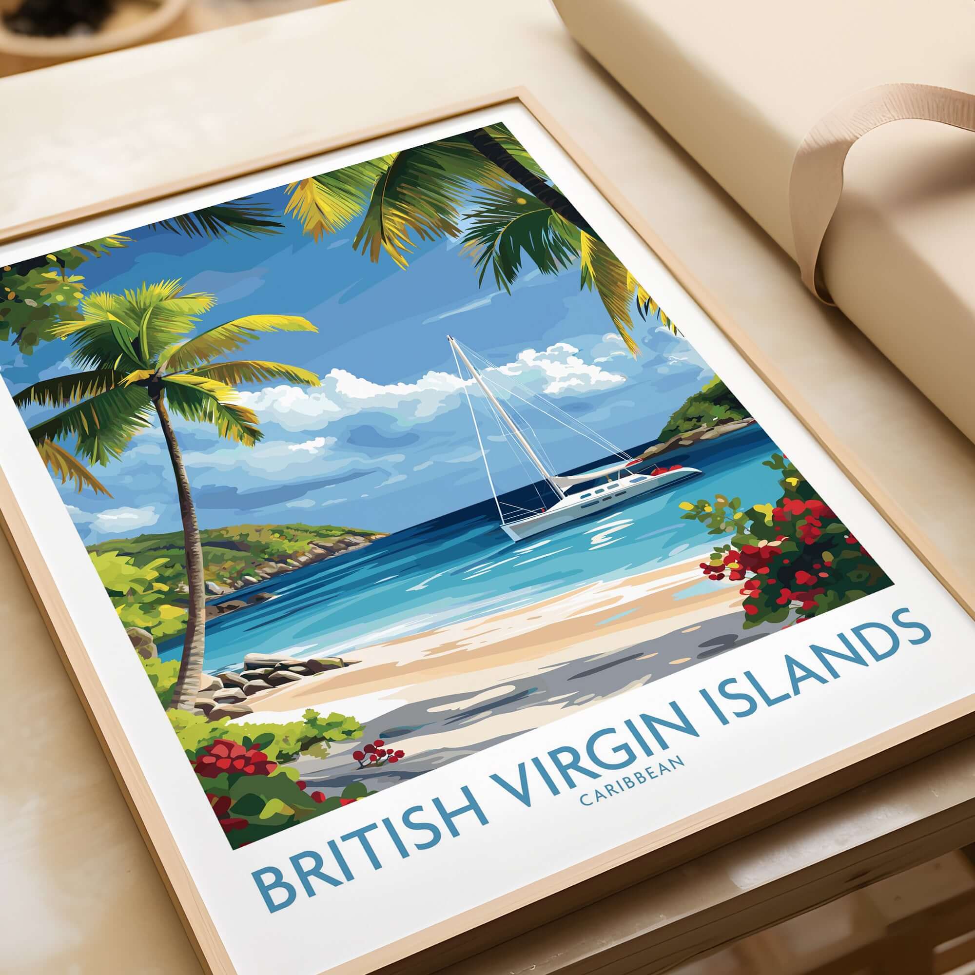 British Virgin Islands Beach Poster - Caribbean Sailboat Art Print - Tropical Wall Decor in a framed display.