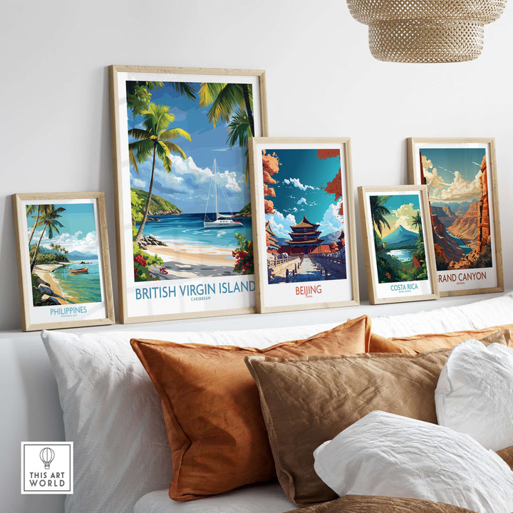 Framed British Virgin Islands beach poster and travel art prints on a wall, showcasing tropical scenery and vibrant colors.