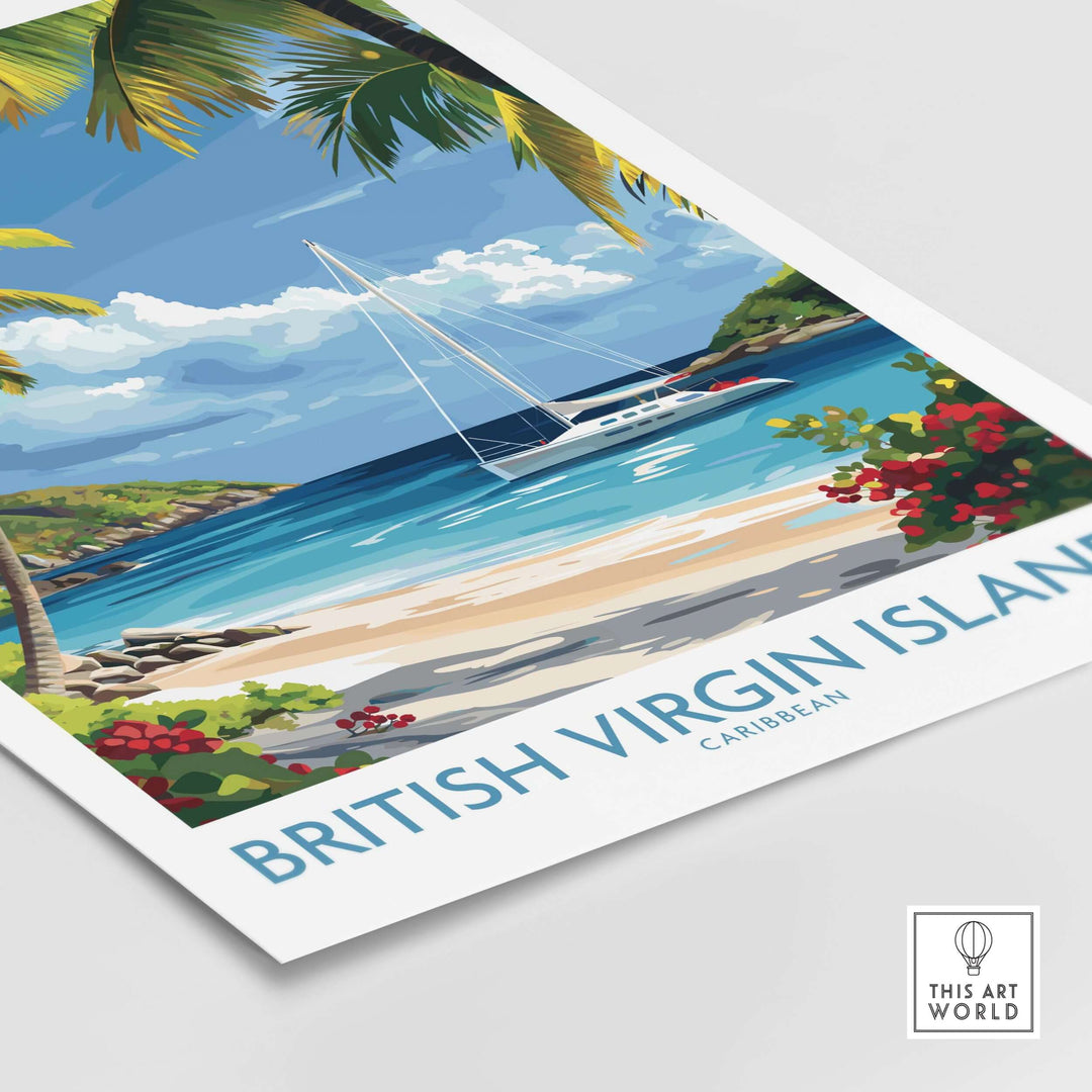 British Virgin Islands beach poster featuring a sailboat and tropical scenery, perfect for home decor.