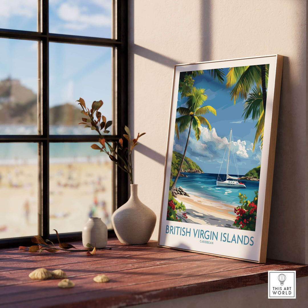 British Virgin Islands beach poster featuring a sailboat and tropical scenery, perfect for wall decor.