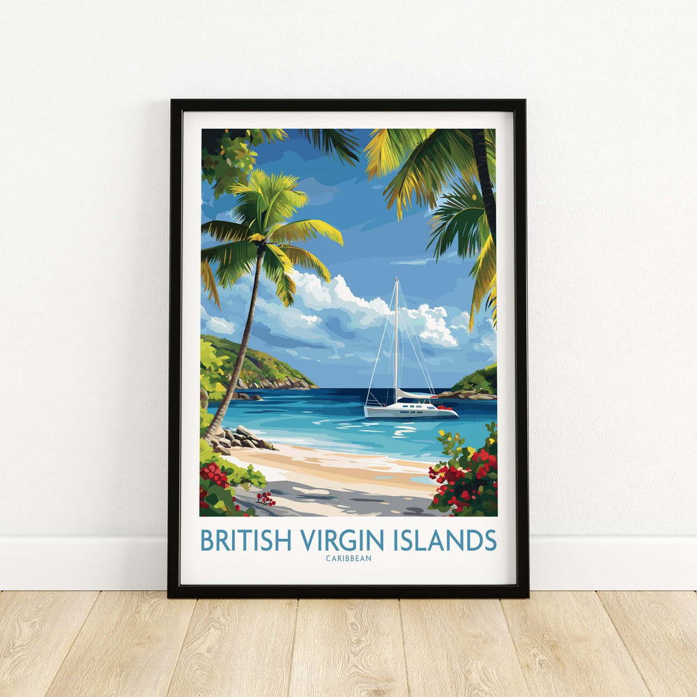 British Virgin Islands beach poster featuring a sailboat, palm trees, and turquoise waters for tropical wall decor.