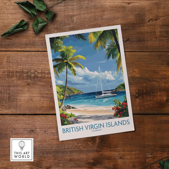 British Virgin Islands beach poster featuring a sailboat and tropical palms against a blue sky and turquoise waters.
