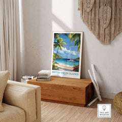 British Virgin Islands Beach Poster - Caribbean Sailboat Art Print - Tropical Wall Decor displayed in a cozy living room.