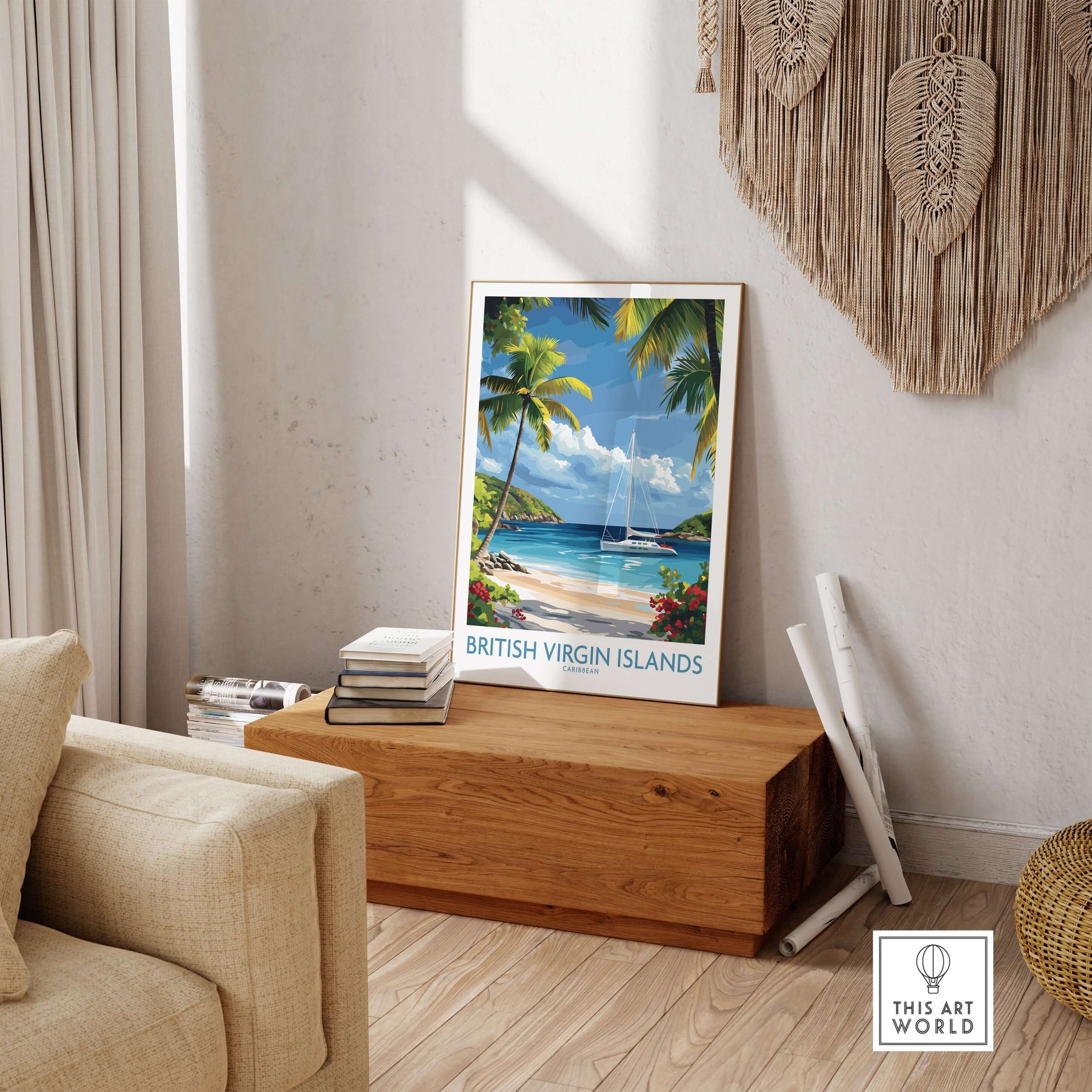 British Virgin Islands Beach Poster - Caribbean Sailboat Art Print - Tropical Wall Decor displayed in a cozy living room.