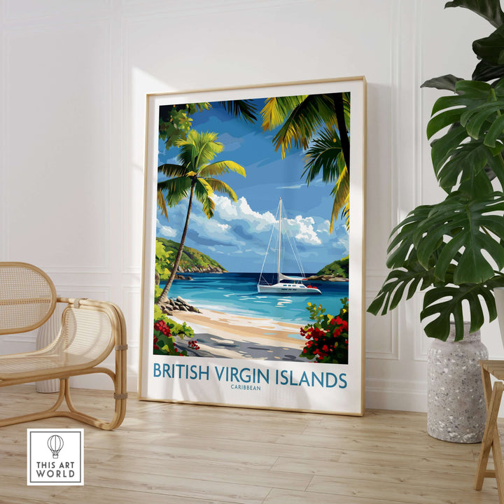 British Virgin Islands beach poster featuring a sailboat, tropical scenery, and palm trees, ideal wall decor for island lovers.