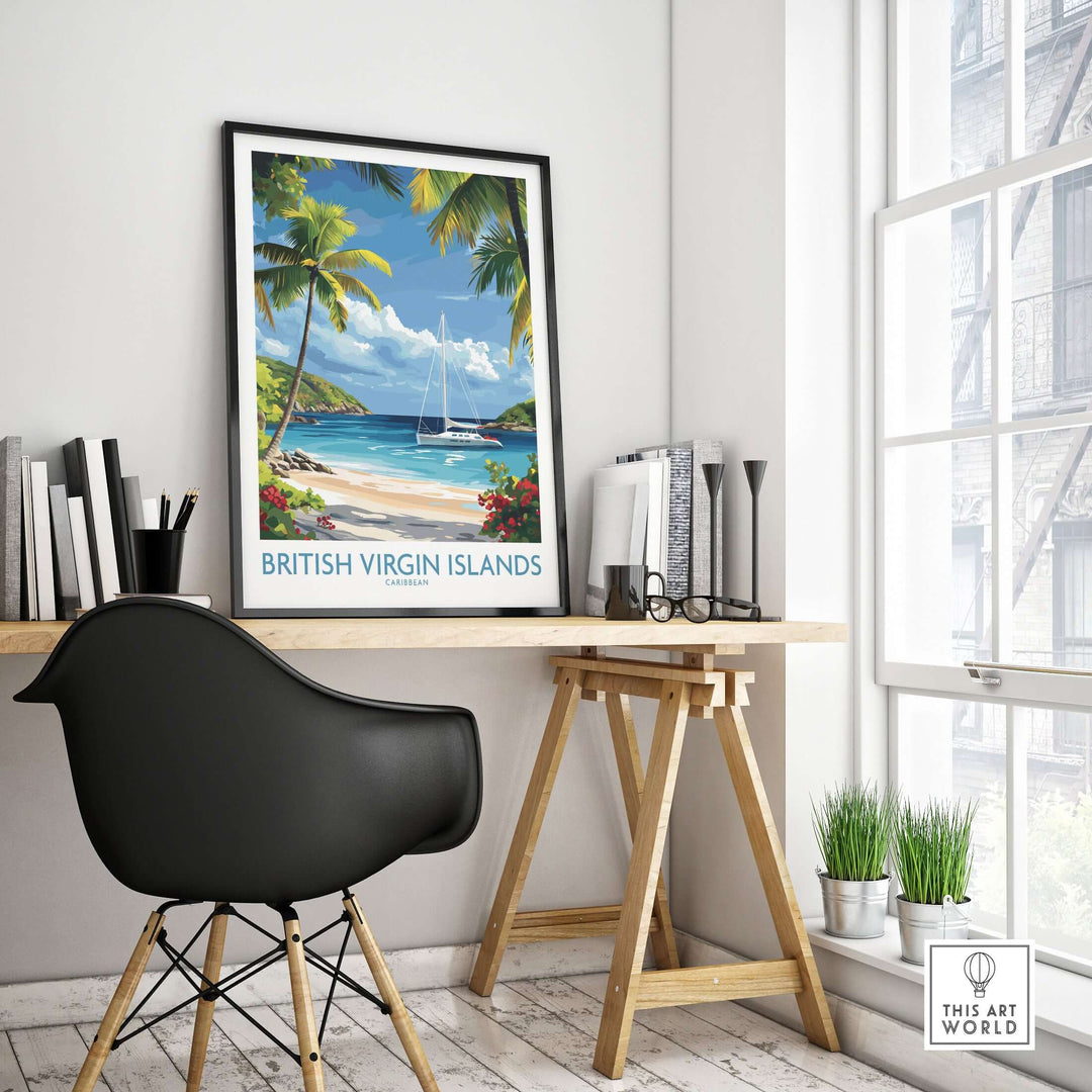 British Virgin Islands beach poster featuring a sailboat, tropical decor for stylish home interiors.