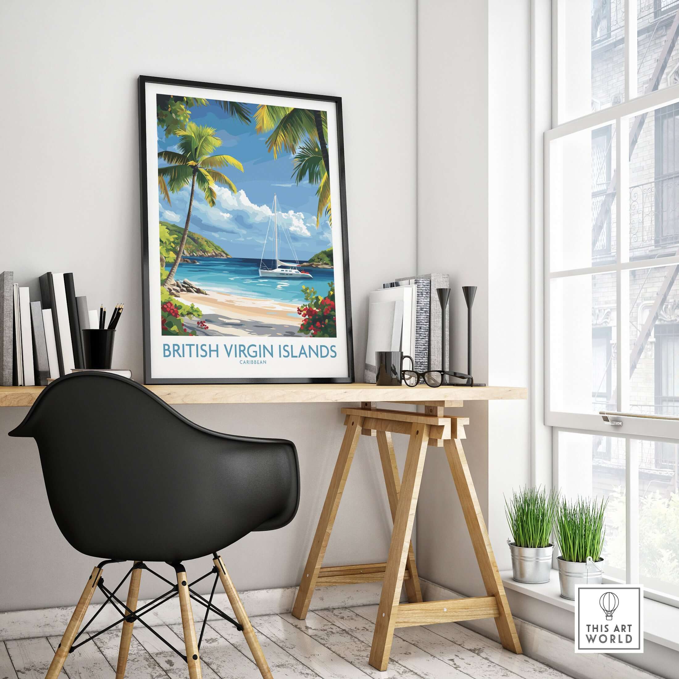 British Virgin Islands Beach Poster - Caribbean Sailboat Art Print - Tropical Wall Decor displayed in a modern home office.