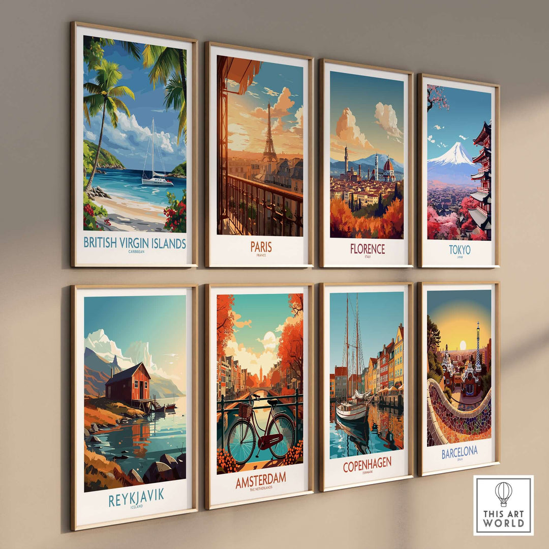Collection of travel art prints featuring British Virgin Islands, Paris, and more, showcasing vibrant cityscapes and landscapes.