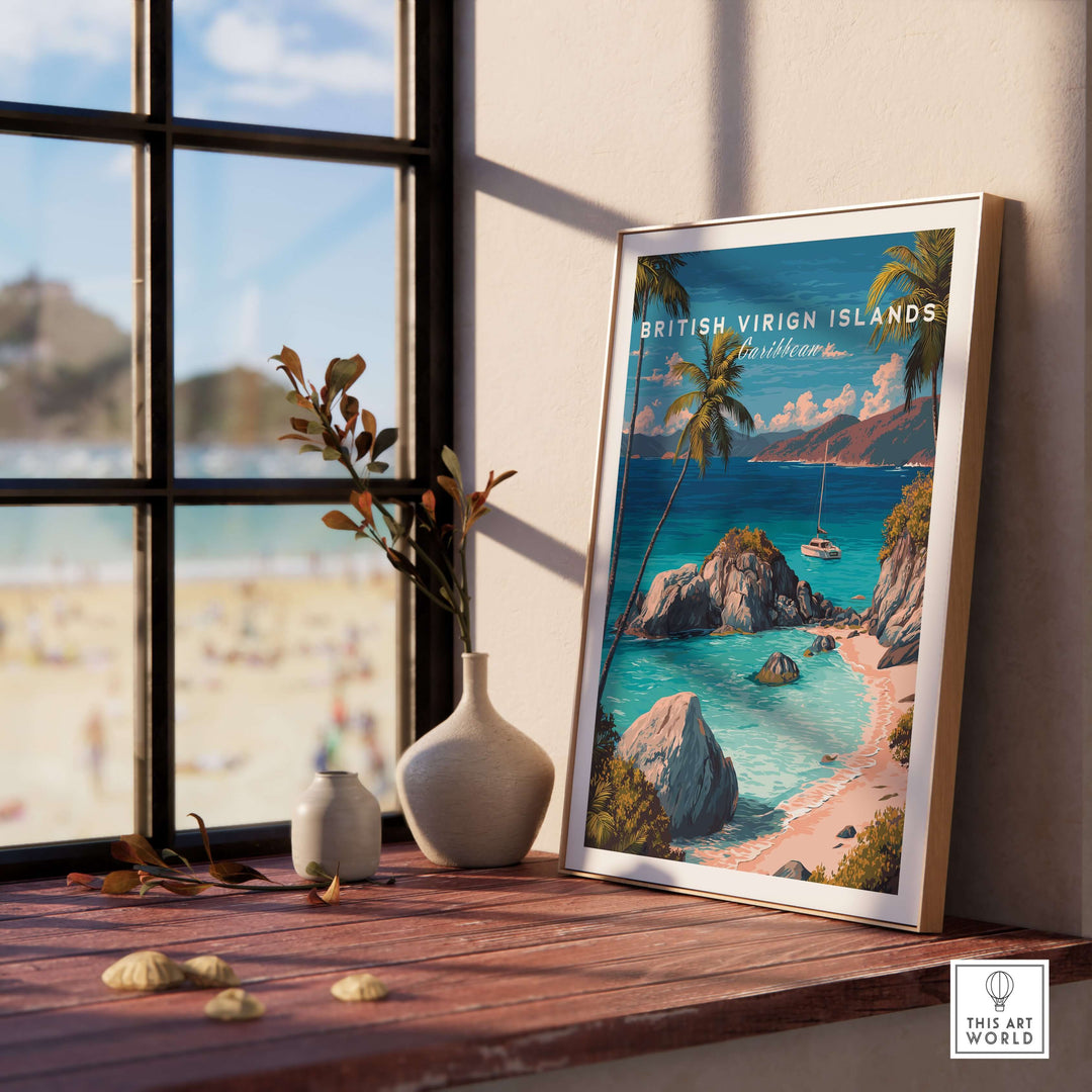 British Virgin Islands travel print poster displayed in a sunny room, showcasing tropical scenery and a crystal-clear sea.