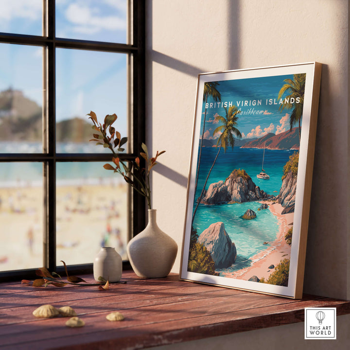 British Virgin Islands travel print poster displayed in a sunny room, showcasing tropical scenery and a crystal-clear sea.
