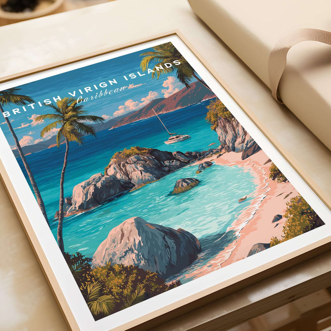 Vibrant British Virgin Islands poster featuring turquoise waters and tropical scenery, ideal for coastal wall decor.