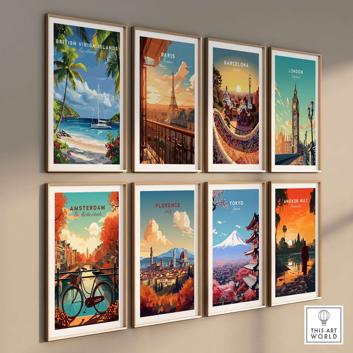 Gallery wall of travel prints featuring iconic destinations: British Virgin Islands, Paris, Barcelona, London, Amsterdam, Florence, Tokyo, Angkor Wat.