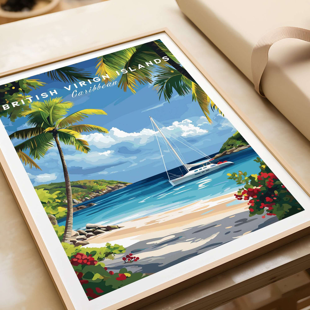 BVI Beach travel print featuring palm trees, sandy beach, and sailboat in vibrant Caribbean landscape.