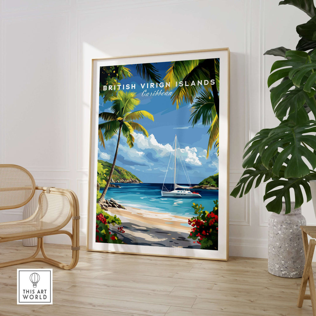 BVI Beach Travel Print featuring white sand, palm trees, and a sailboat, perfect for tropical home decor.