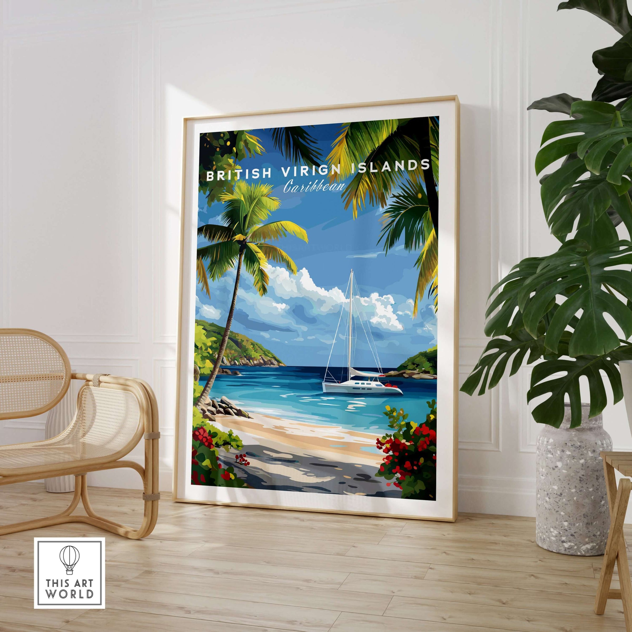 BVI Beach Travel Print - White Sand & Palm Trees Poster - Caribbean Landscape Wall Art