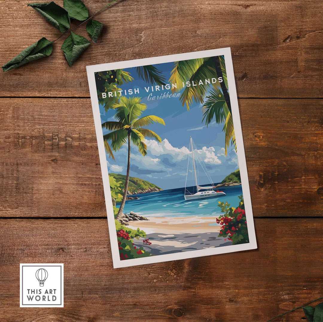 BVI Beach travel print with white sand, palm trees, and sailboat in Caribbean landscape wall art.