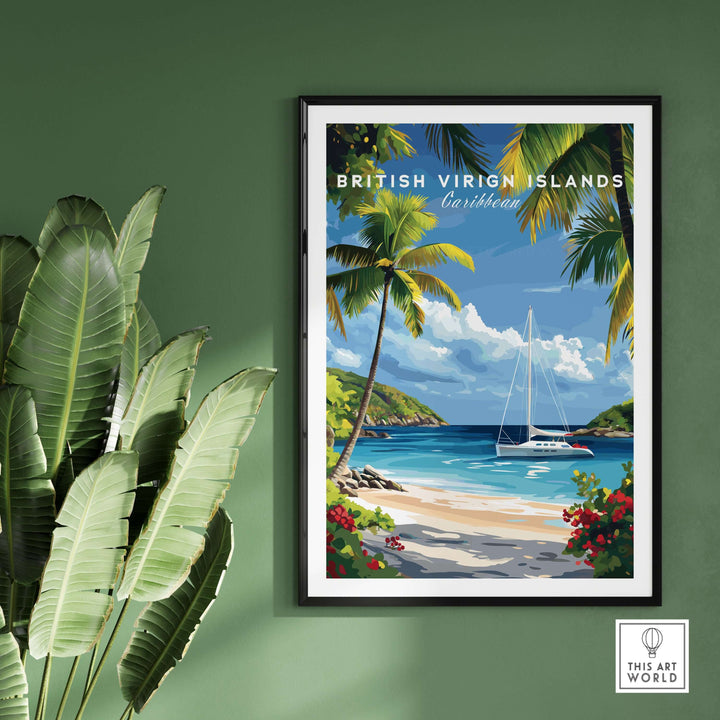 BVI Beach travel print featuring tropical palm trees and a sailboat, perfect for coastal wall art decor.