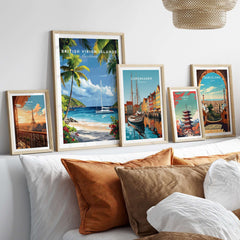BVI Beach Travel Print - White Sand & Palm Trees Poster - Caribbean Landscape Wall Art displayed on a cozy bed.